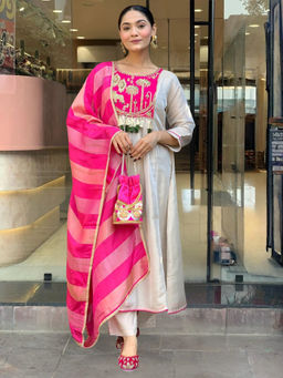 THE52 - Women's Pink Embroidery Work Silk Flared Anarkali with Pant and Dupatta