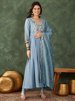 THE52 - Women's Embroidery Work Silk Fabric Flared Kurta with Pant and Dupatta