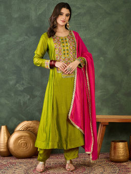 THE52 - Women's Green Embroidery Work Silk Flared Kurta with Pant and Dupatta