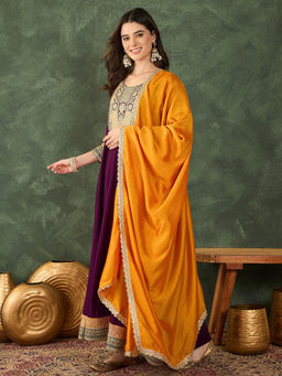 THE52 - Women's Embroidery Work Silk Flared Anarkali Kurta with Pant and Dupatta