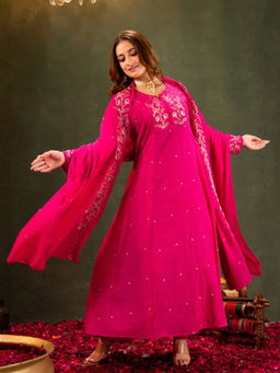 THE52 - Pink Embroiderd Viscose Silk A-Line Kurta with Pant and Dupatta