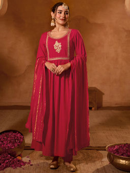 THE52 - Red Embroidered Viscose Silk Flared Kurta with Pant and Dupatta