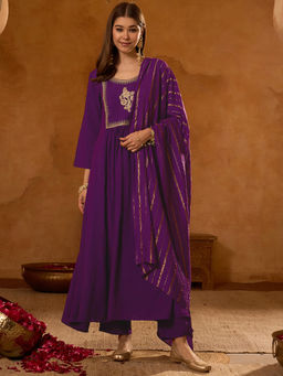 THE52 - Purple Embroidered Viscose Silk Flared Kurta with Pant and Dupatta
