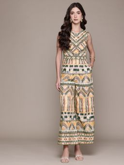 Label Ritu Kumar - Multi-Color Round Neck Sleeveless Printed Jumpsuit