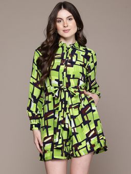 Label Ritu Kumar - Green Collar Neck Full Sleeves Printed Playsuit