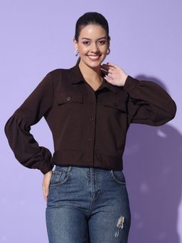 Glito - Women Brown Solid Collar Neck Balloon Sleeves Crop Jacket