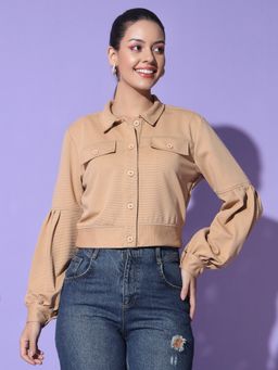 Glito - Women Beige Solid Collar Neck Balloon Sleeves Crop Jacket