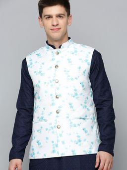 SHOWOFFFF - Mens Printed White Ethnic Nehru Jacket
