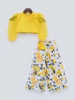 Fayon Kids - Yellow Organza Top With Printed Plazo Pant