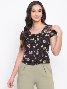 Latin Quarters - Black Floral Printtop with Square Neck