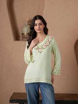 QAZMI - Kashmiri Embroidered Pastel Green V-Neck Short Kurti
