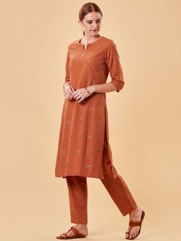 Dharya - Orange Embroidered Cotton Linen Kurta with Pants