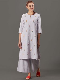 Dharya - Mauve Embroidered Cotton Linen Kurta with Palazzo