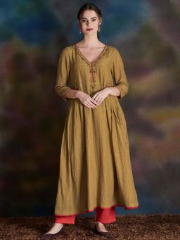 Dharya - Mustard Yellow Embellished Cotton Silk Anarkali Kurta with Cambric Cotton Pants
