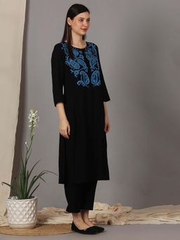 Dharya - Black Embroidered Viscose Linen Kurta with Pants