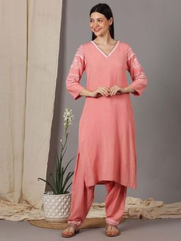 Dharya - Peach Embroidered Viscose Linen Kurta with Salwar