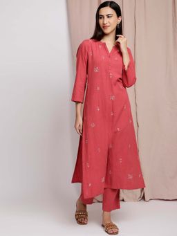 Dharya - Rusty Red Cotton Linen Embroidered Kurta with Pants