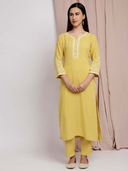 Dharya - Yellow Cotton Embroidered Kurta with Pants