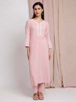 Dharya - Pink Embroidered Cotton Kurta with Pants