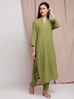 Dharya - Sage Green Embroidered Cotton Kurta with Pants