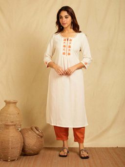 Dharya - White Embroidered Cotton Linen Kurta with Pants