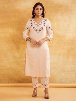 Dharya - Peach Embroidered Cotton Linen Kurta with Pants