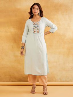 Dharya - Sky Blue Embroidered Cotton Kurta with Peach Pants