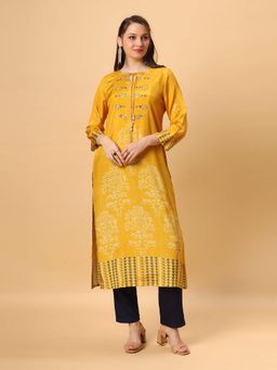 Fantasia - Women Yellow Long Embroidered Kurta