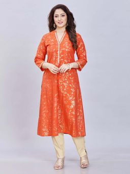 Fantasia - Women Orange Checks Printed Long Kurta