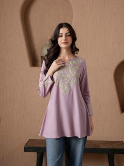 QAZMI - Kashmiri A-Line Full Sleeves Viscose Rayon Lavender Flared Short Kurti