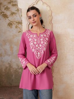 QAZMI - Kashmiri A-Line Full Sleeves Viscose Rayon Pink Flared Short Kurti