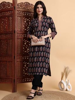 Sufiza Lifestyle - Black Hand Block Ajrakh Pure Cotton Kurta