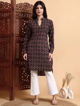 Sufiza Lifestyle - Black Hand Block Ajrakh Pure Cotton Kurta