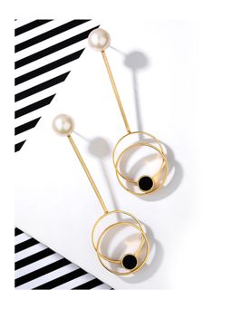 Suhani Pittie - Gold Toned Circle On Circle Pendulum Earrings with Black Perspex & Pearl Detail
