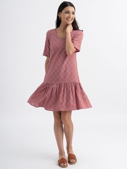 Pink Fort - Cotton Jacquard Single Tiered Dress with Slip Pink (Set of 2)