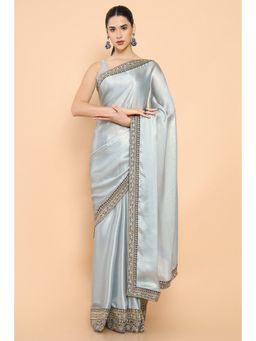Soch - Women Grey Chiffon Solid Plain Saree with Unstitched Blouse