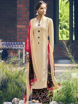 Stylee LIFESTYLE - Cream Jam Satin Embroidered Dress Material (Set of 3)