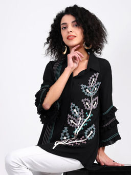 GAGAN VOHRA - Black Georgette Collar Neck Thread Work Shirt