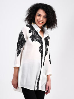 GAGAN VOHRA - White Georgette Collar Neck Embroidered Shirt