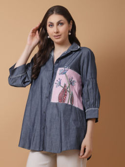 GAGAN VOHRA - Blue Denim Collar Neck Thread Work Shirt