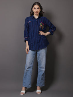 GAGAN VOHRA - Blue Cotton Collar Neck Embroidered Shirt