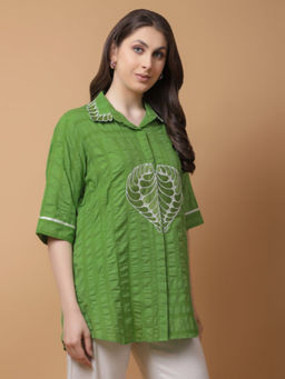 GAGAN VOHRA - Green Cotton Collar Neck Thread Work Shirt