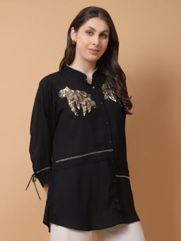 GAGAN VOHRA - Black Georgette Mandarin Neck Embroidered Shirt