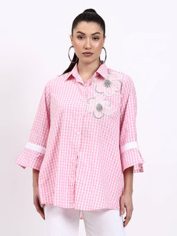 GAGAN VOHRA - Pink Organza Collar Neck Embroidered Shirt