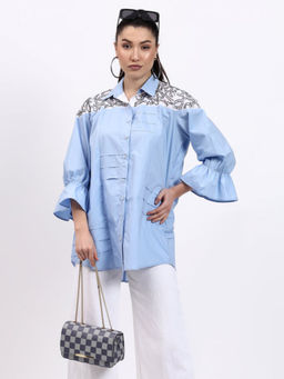 GAGAN VOHRA - Blue Poplin Collar Neck Chikankari Shirt