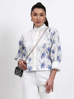 GAGAN VOHRA - White Cotton Mandarin Neck Chikankari Shirt