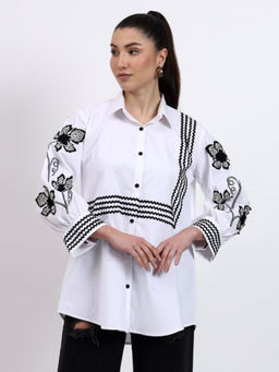 GAGAN VOHRA - White Cotton Lycra Collar Neck Embroidered Shirt