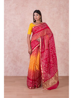 KISHORI - Womens Bandhani and Banarasi Saree and Blouse Fabric Red-Yellow