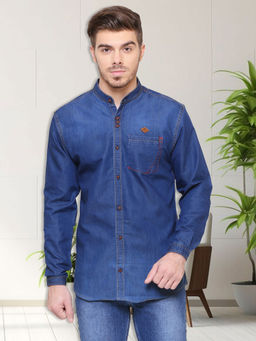 KUONS AVENUE - Mens Navy Blue Mandarin Collar Denim Casual Shirt