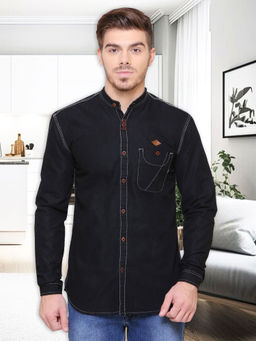 KUONS AVENUE - Mens Black Mandarin Collar Denim Casual Shirt